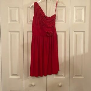 Red one shoulder pleated dress with rose